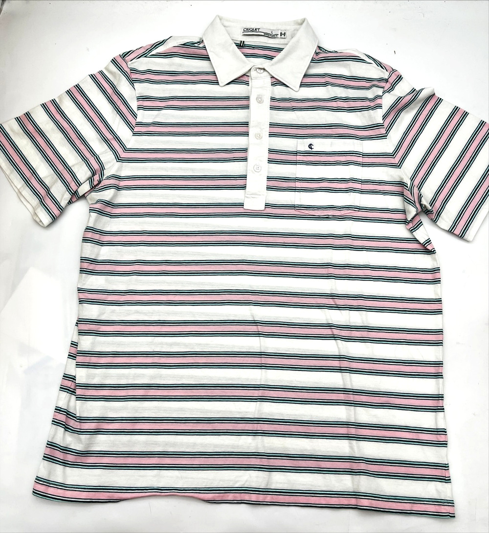 Criquet Polo Shirt Mens L Striped Pink White 100% Cotton Organic Pocket